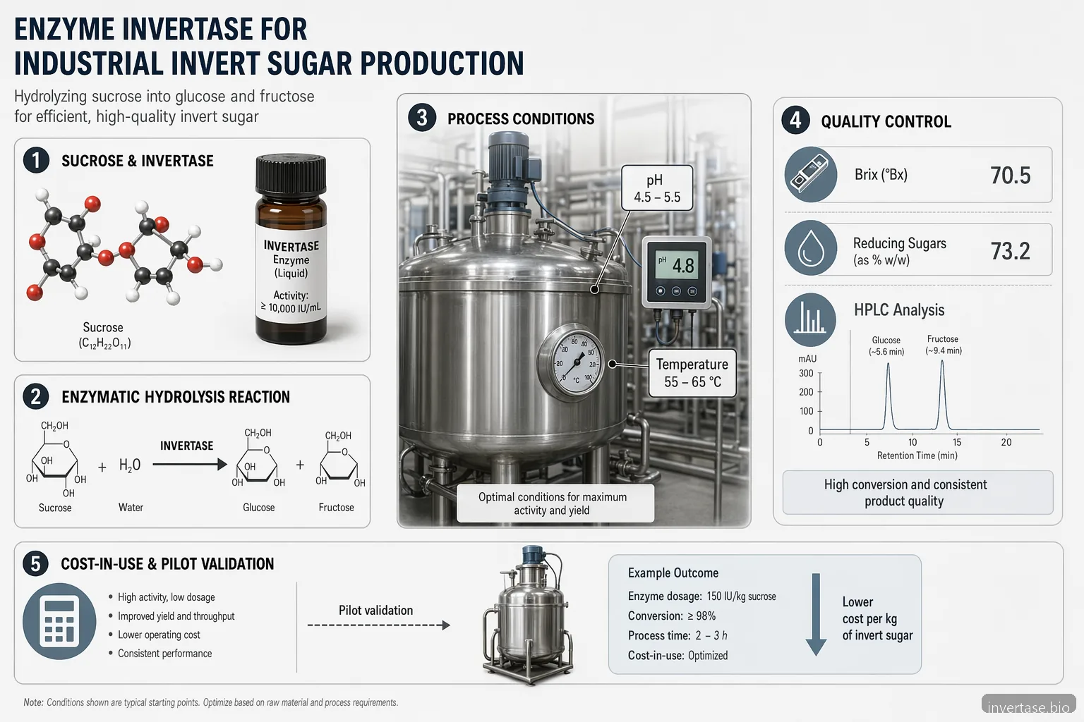 enzyme invertase industrial invert sugar production infographic showing hydrolysis, process controls, QC, and cost checks