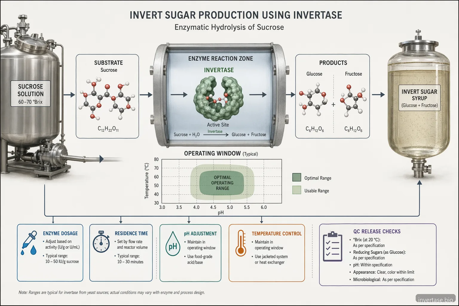 invert sugar production diagram showing invertase hydrolysis of sucrose into glucose and fructose with pH and temperature controls