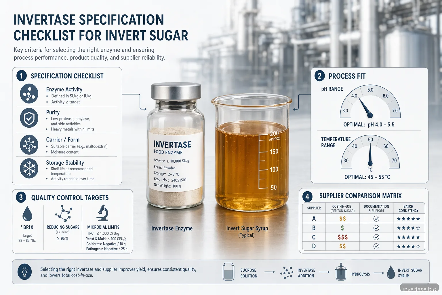 invert sugar invertase specification checklist with enzyme criteria, process conditions, QC checks, and supplier comparison