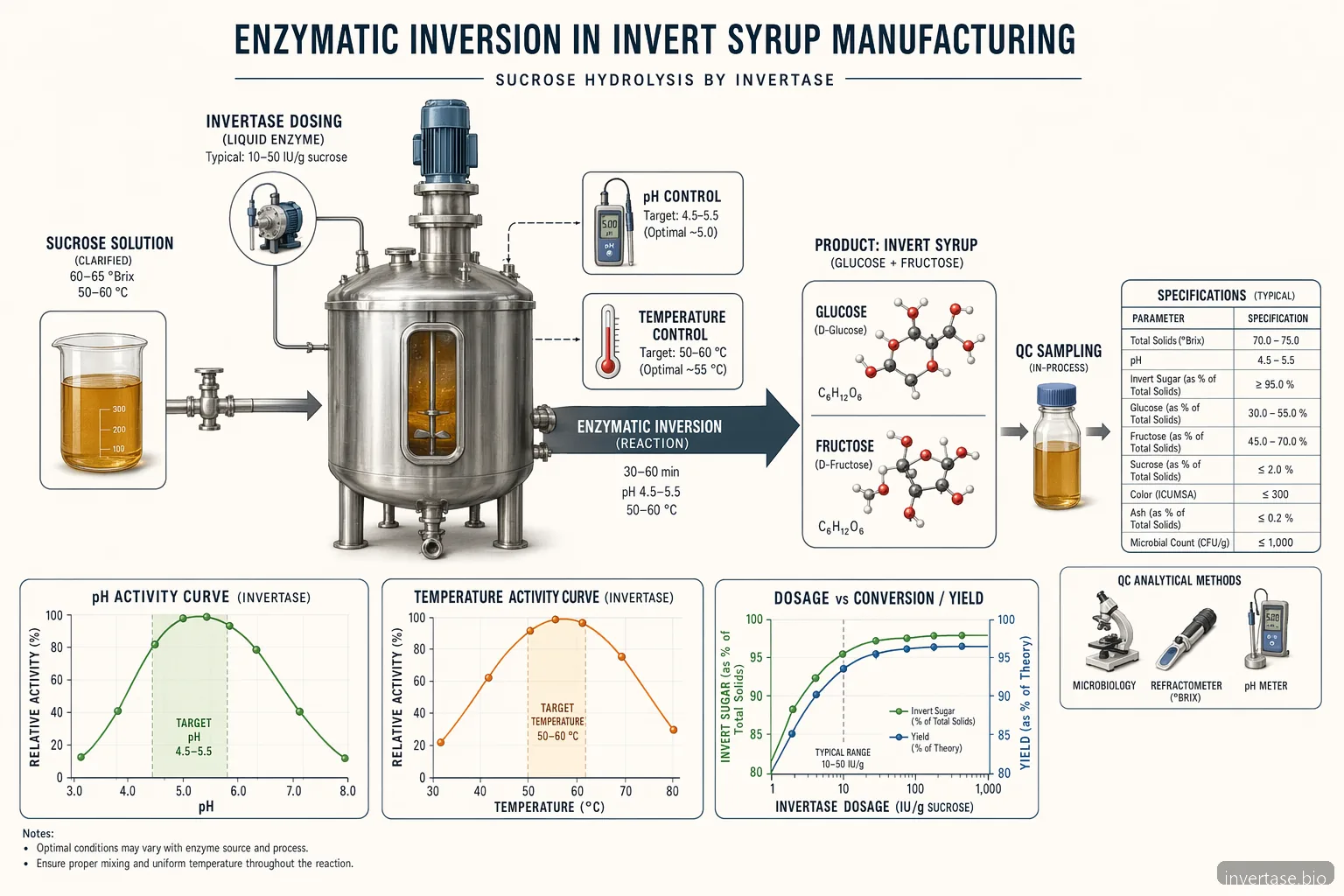 invert syrup process diagram tracing sucrose inversion through pH, temperature, dosage, and QC control points