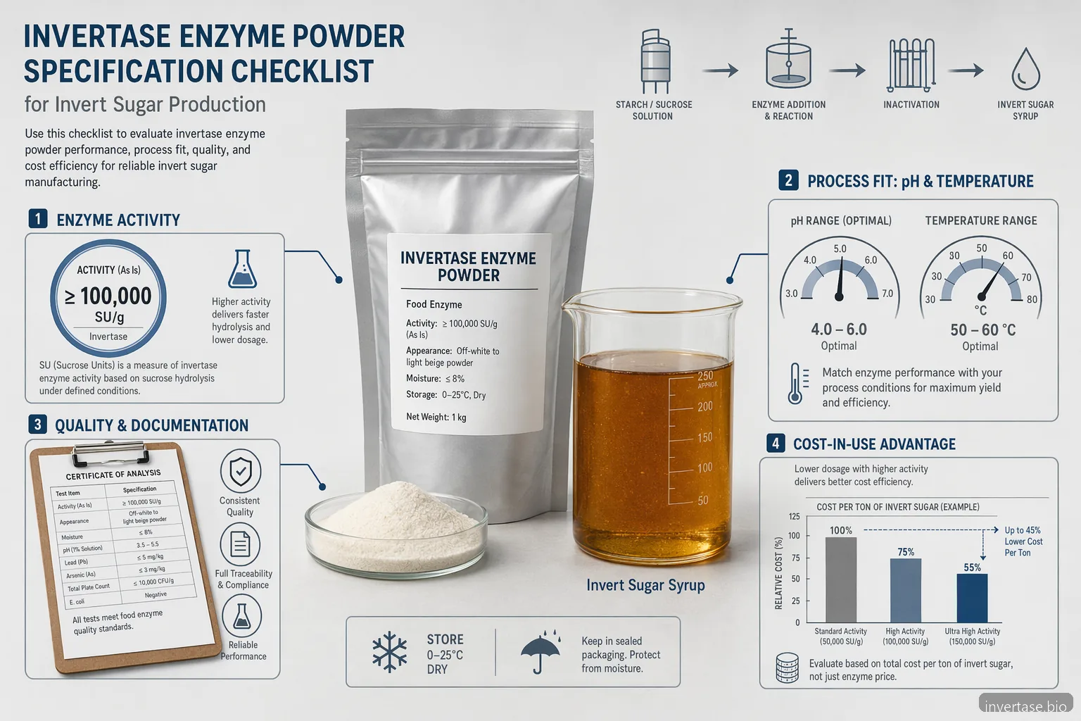 invertase enzyme powder specification checklist showing activity, process fit, QC documents, and cost-in-use factors
