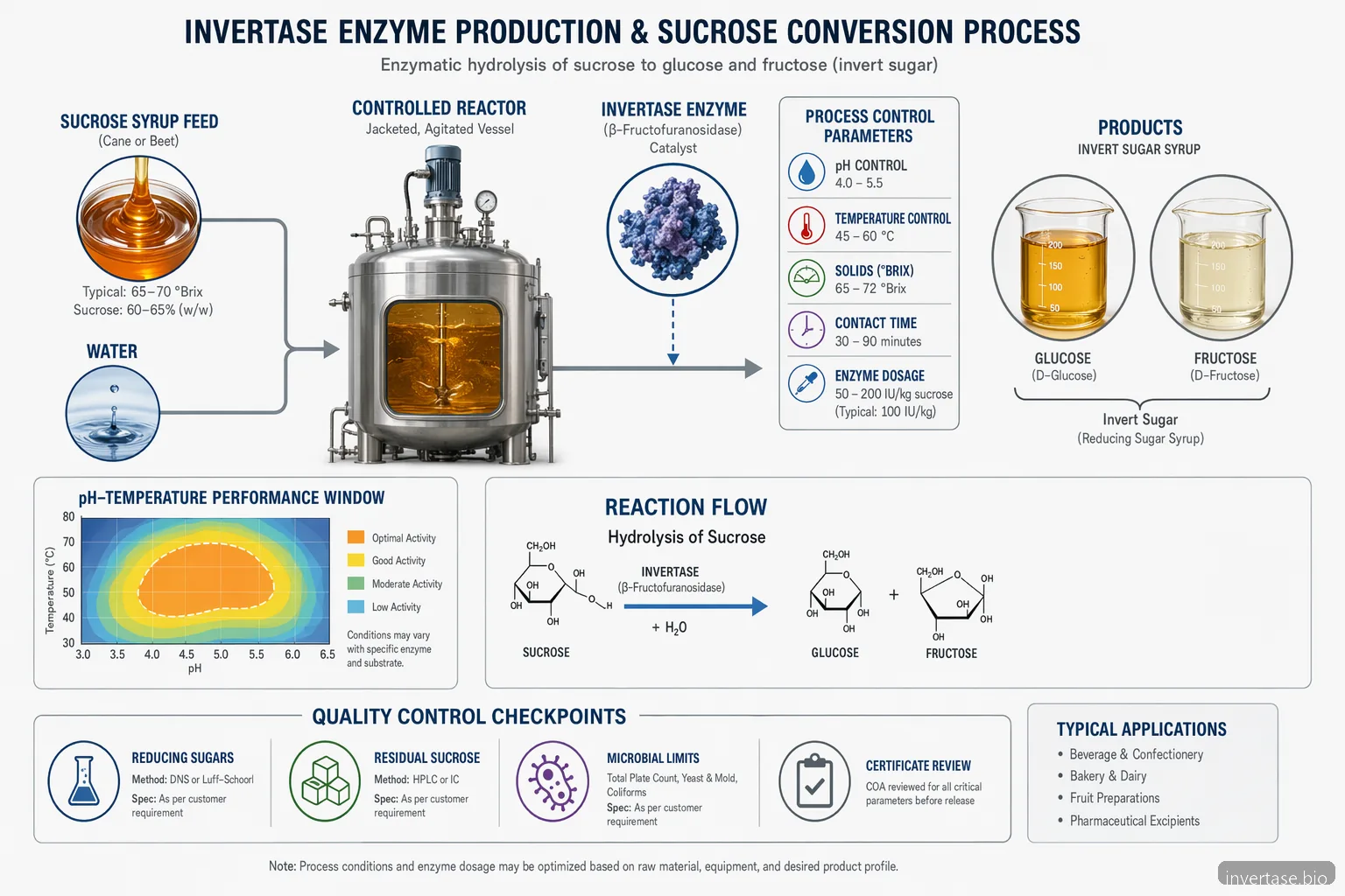 invertase enzyme production process diagram with sucrose conversion, pH-temperature window and QC checkpoints