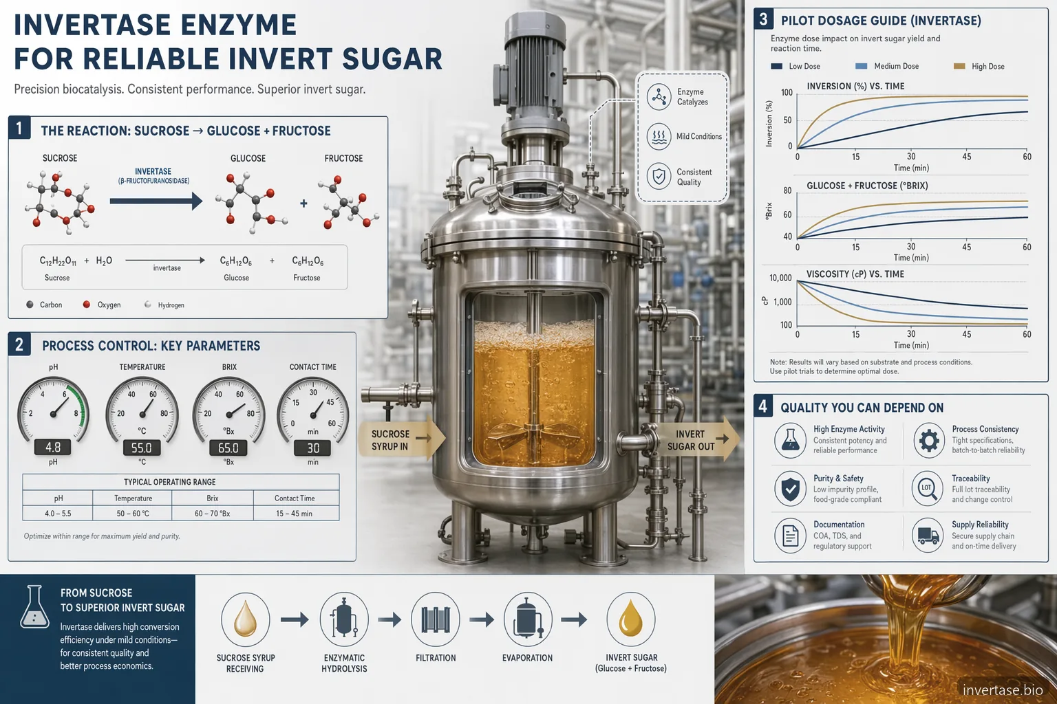 invertase enzyme production for reliable invert sugar, showing pH, temperature, Brix, dosage and QC controls