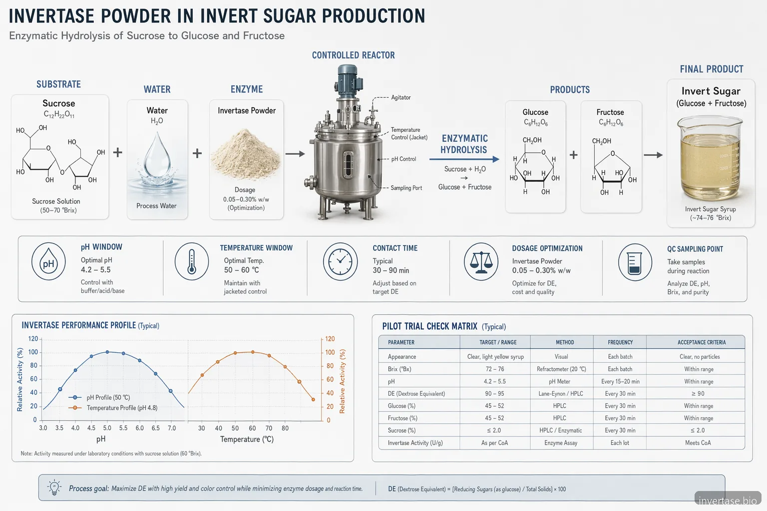 invertase powder process diagram for invert sugar, mapping sucrose hydrolysis into glucose and fructose with controls