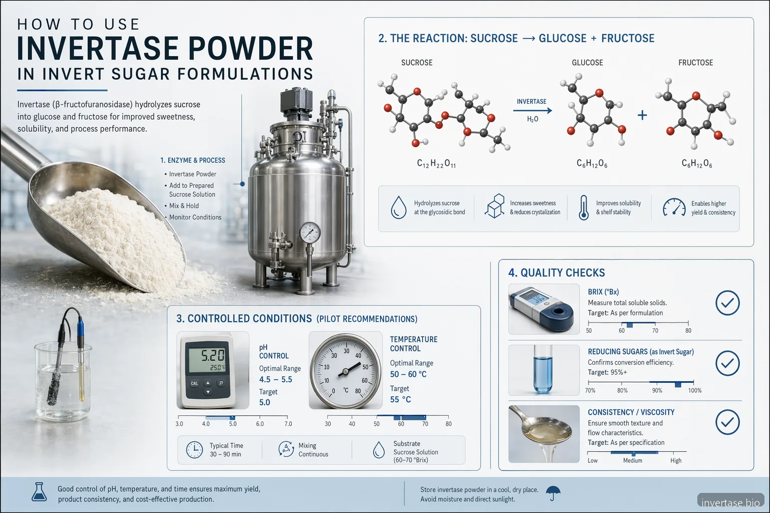 invertase powder use in invert sugar formulations, showing enzyme dosing, pH control, conversion, and QC checks