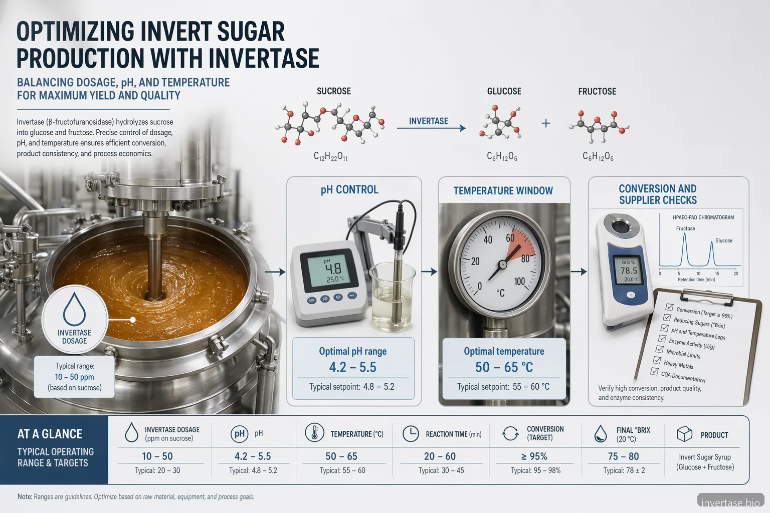 invertase dosage, pH, and temperature guide with enzyme dosing, pH meter, heat gauge, syrup QC, and supplier checklist