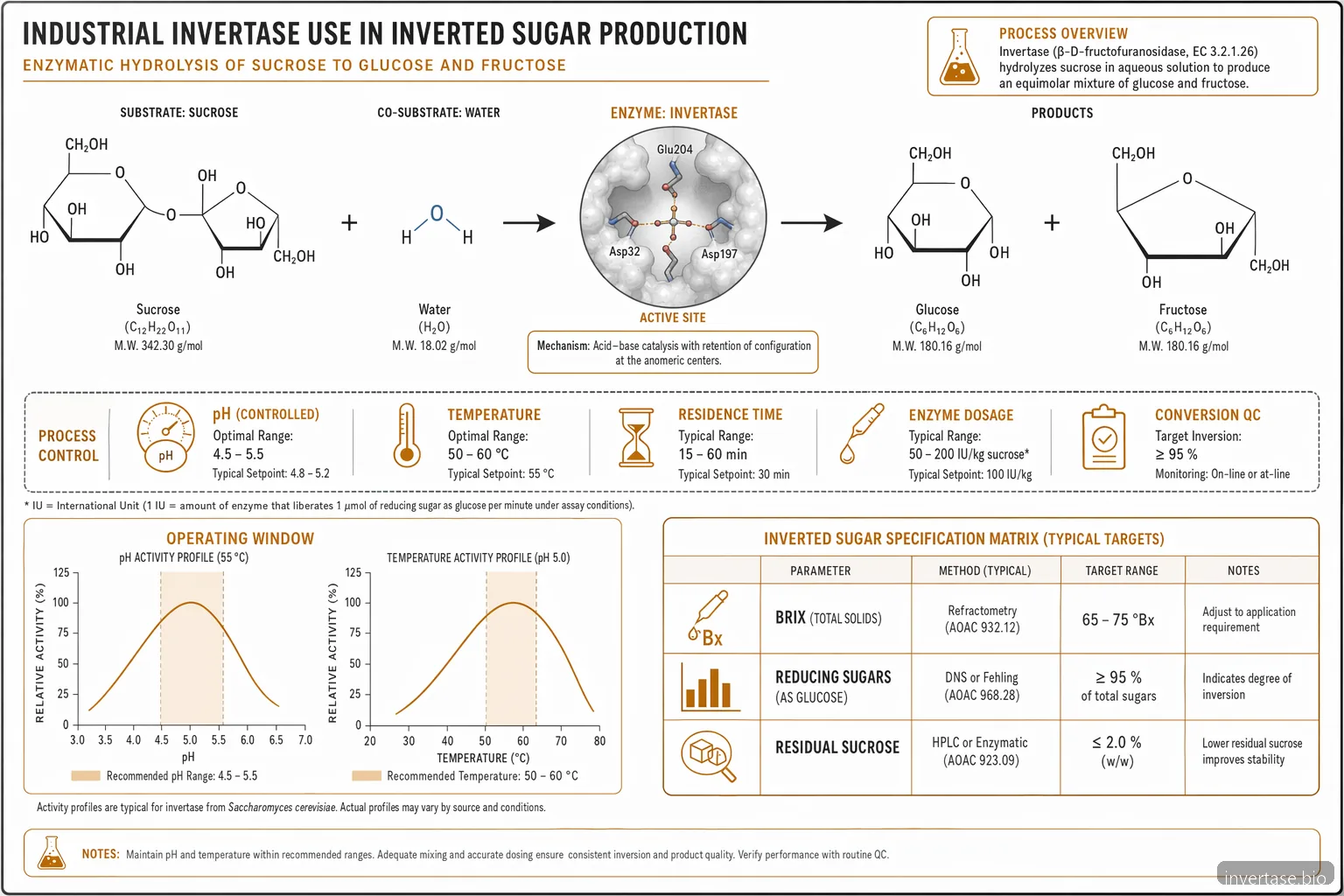 inverted sugar mechanism diagram showing sucrose hydrolysis by invertase into glucose and fructose with pH and temperature controls