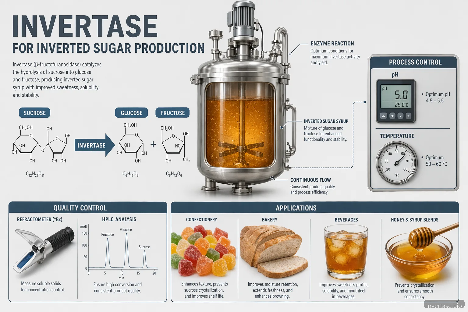 inverted sugar production infographic showing invertase conversion, process controls, QC checks, and applications